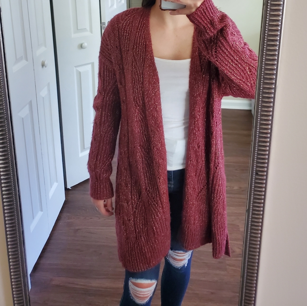 For Thee extra long shimmery burgundy knit cardigan sweater